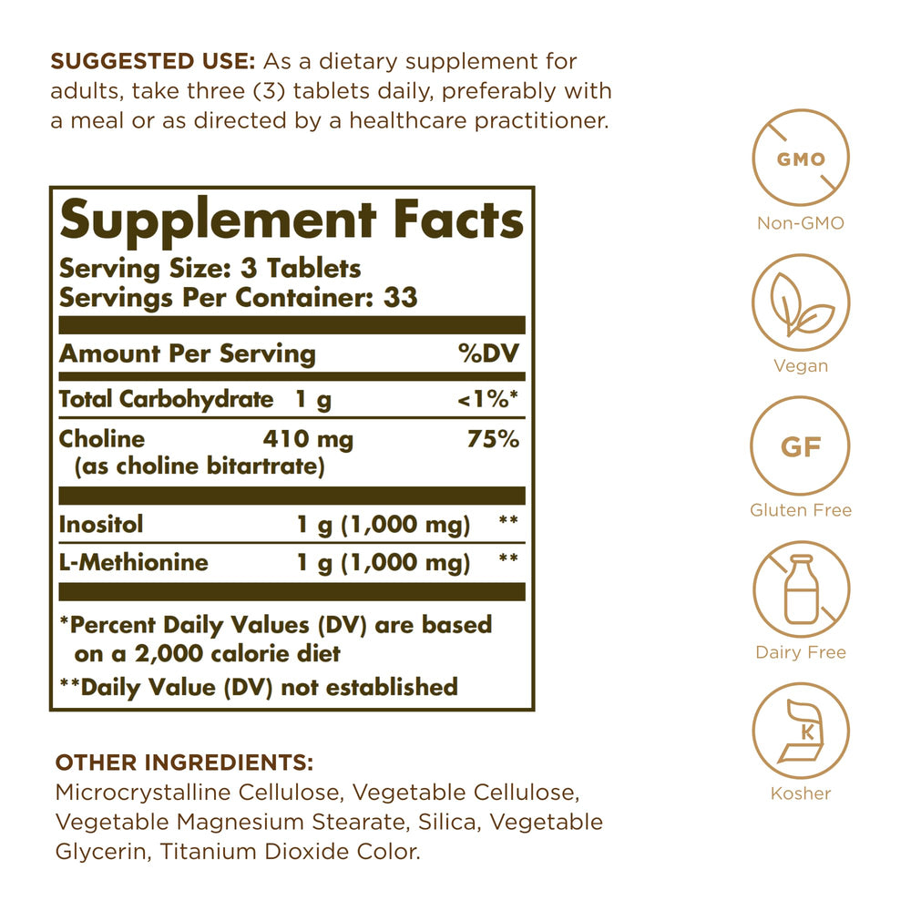 Solgar Lipotropic Factors label closeup, clear ingredient information on the bottle.
