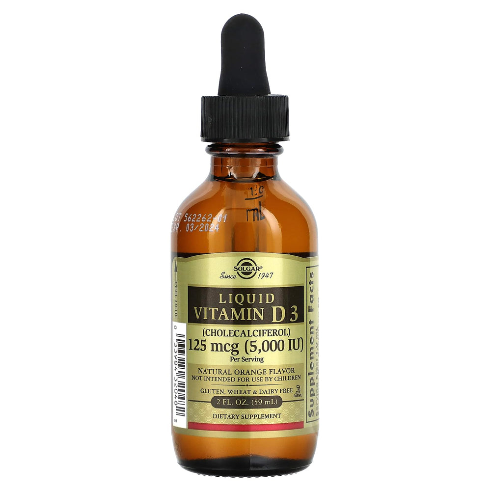 Solgar Liquid Vitamin D3 orange bottle supports bone health