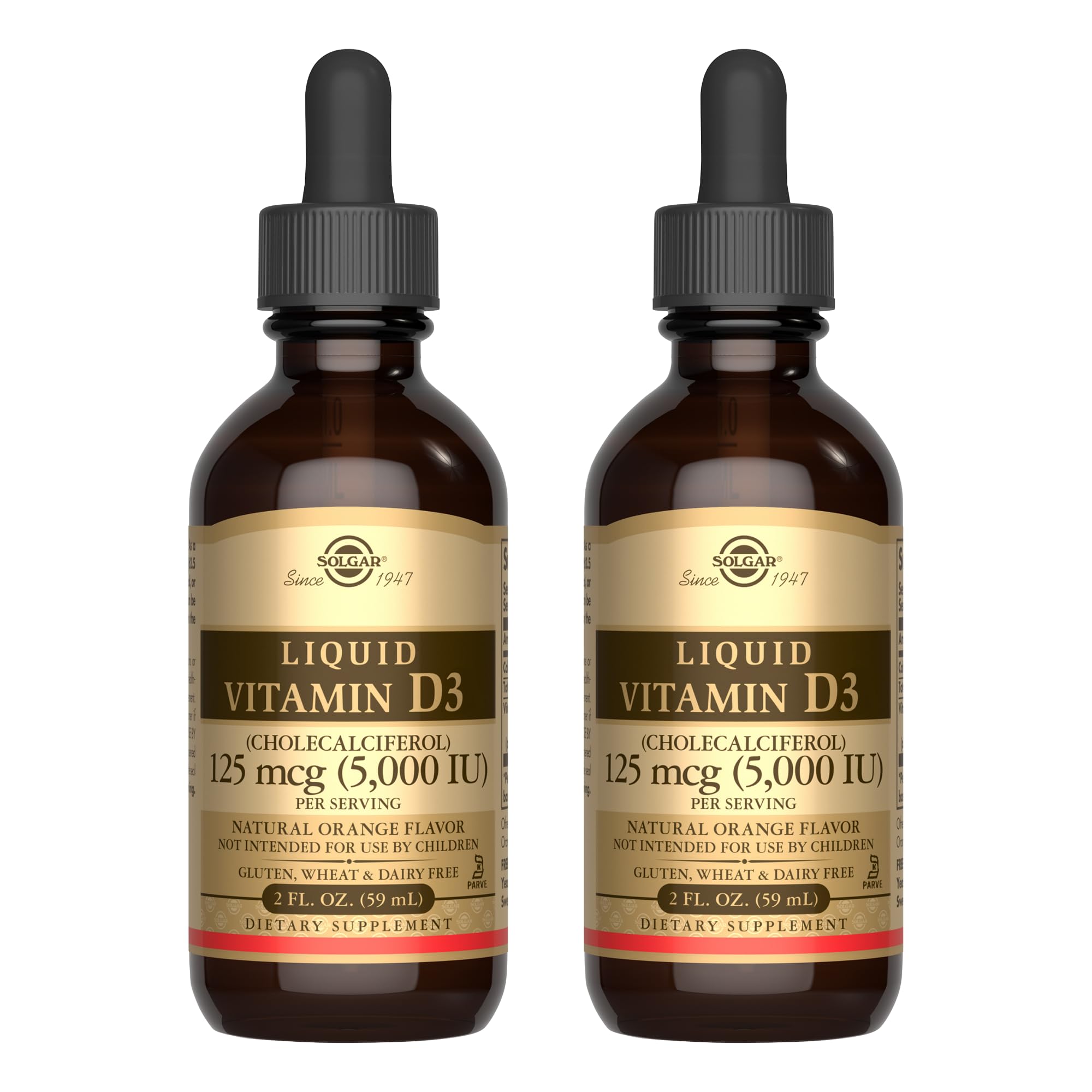 Solgar Liquid Vitamin D3 orange bottle front supports bone and teeth health.