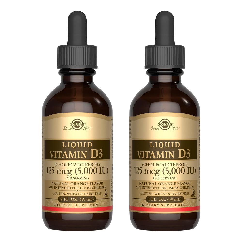 Solgar Liquid Vitamin D3 orange bottle front supports bone and teeth health.