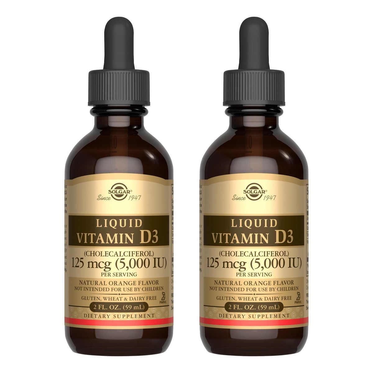 Solgar Liquid Vitamin D3 orange bottle front supports bone and teeth health.
