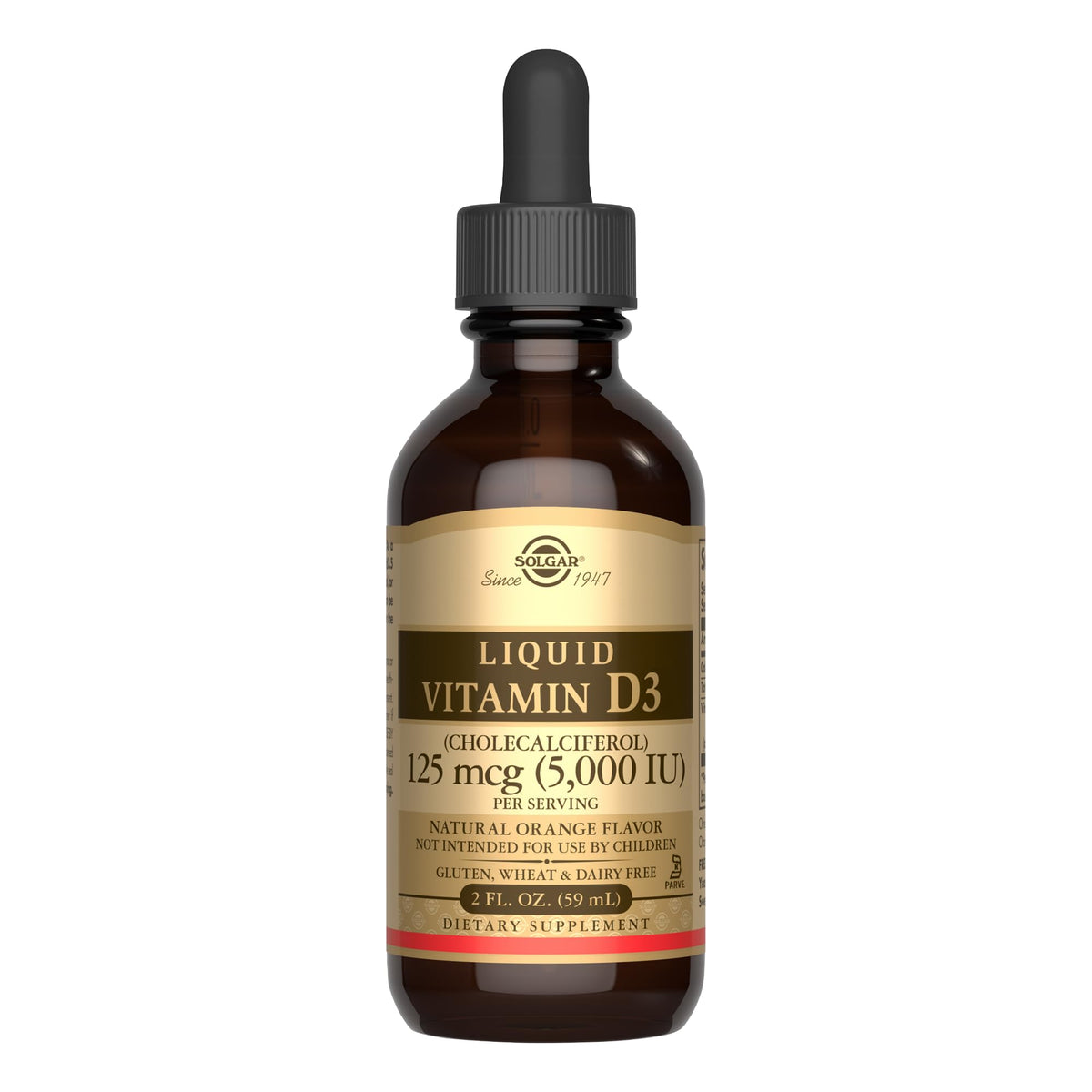 Solgar Liquid Vitamin D3 orange bottle with dropper promotes bone health and immune support.