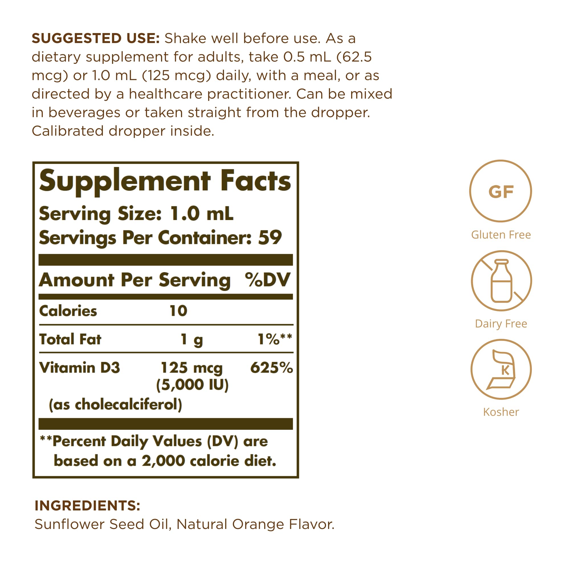 Solgar Liquid Vitamin D3 orange dropper close-up shows natural flavor and easy dosing.