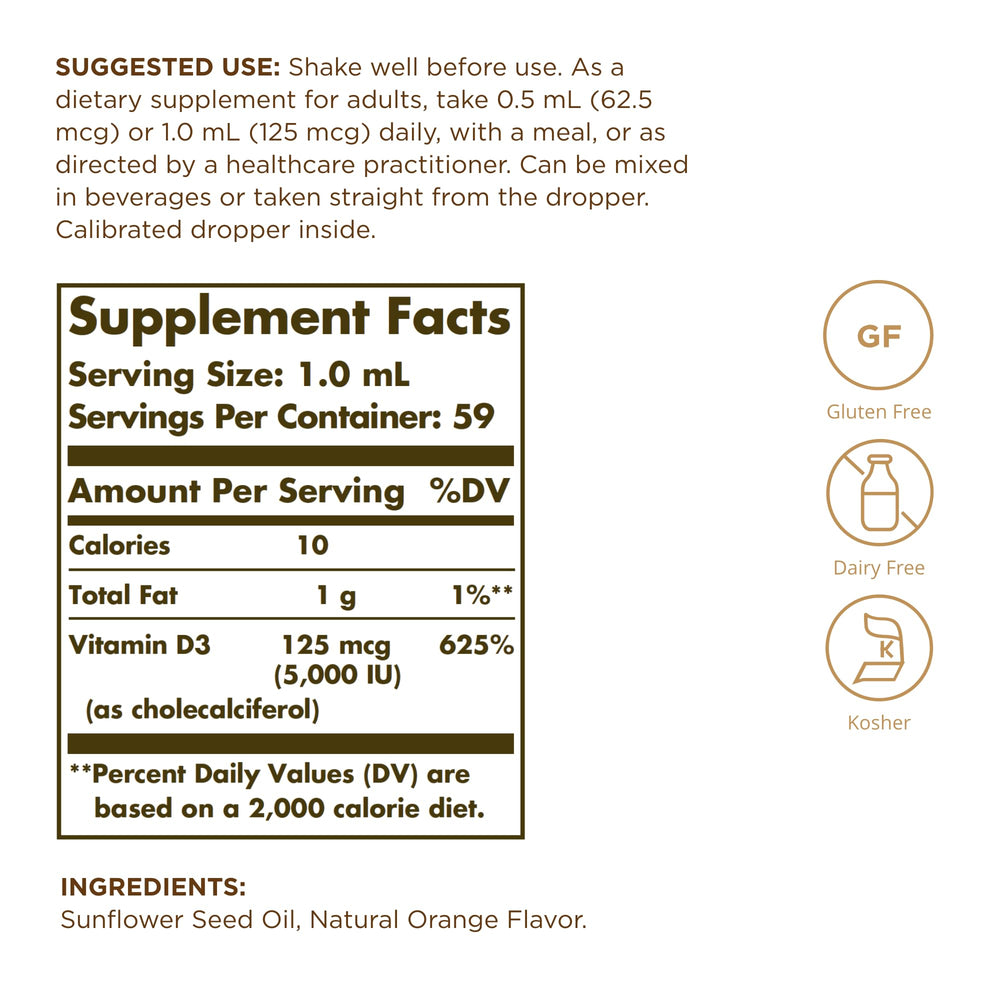 Solgar Liquid Vitamin D3 orange dropper close-up shows natural flavor and easy dosing.