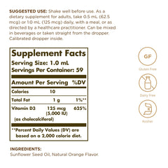 Solgar Liquid Vitamin D3 orange dropper close-up shows natural flavor and easy dosing.