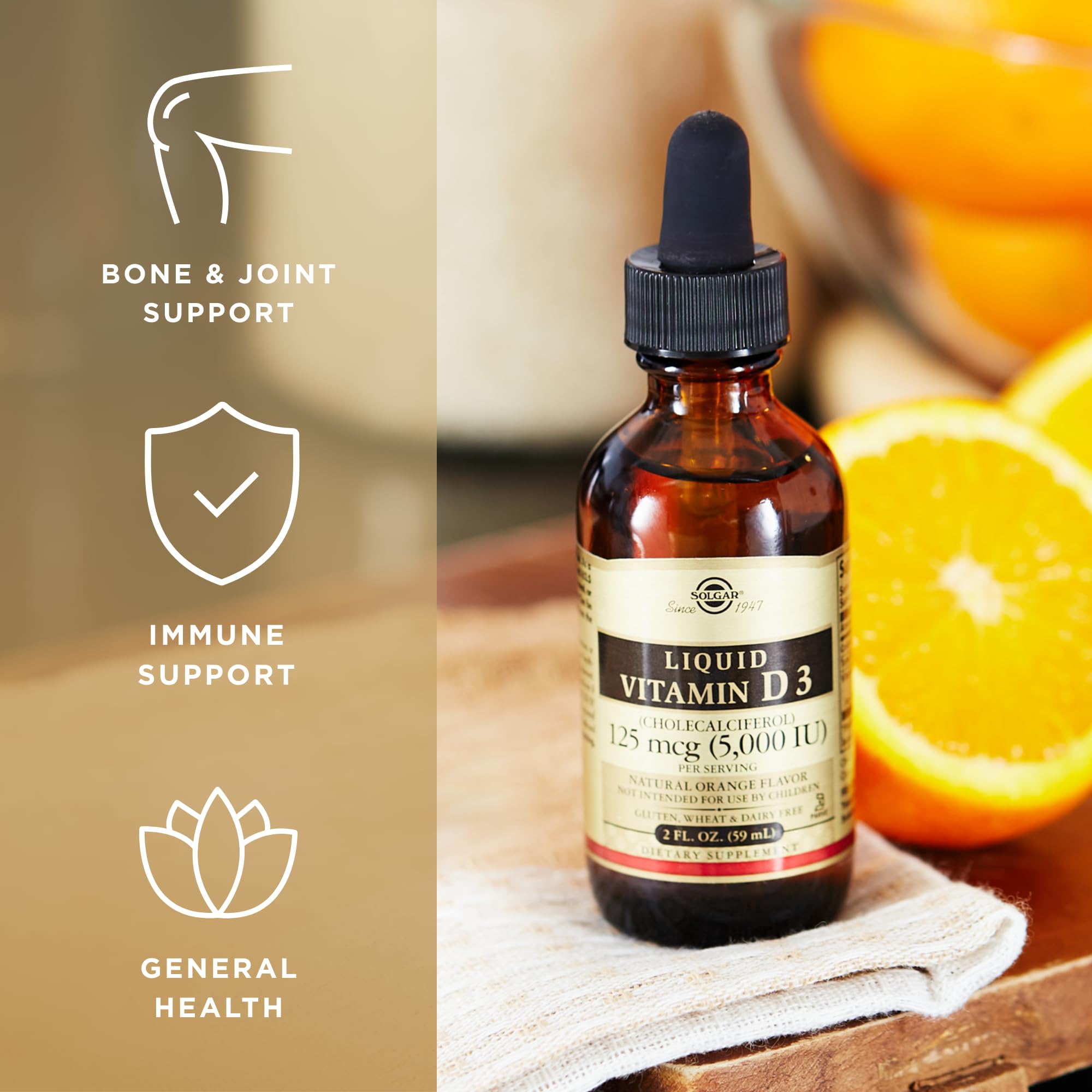 Solgar Liquid Vitamin D3 orange packaging emphasizes gluten and dairy free formula.