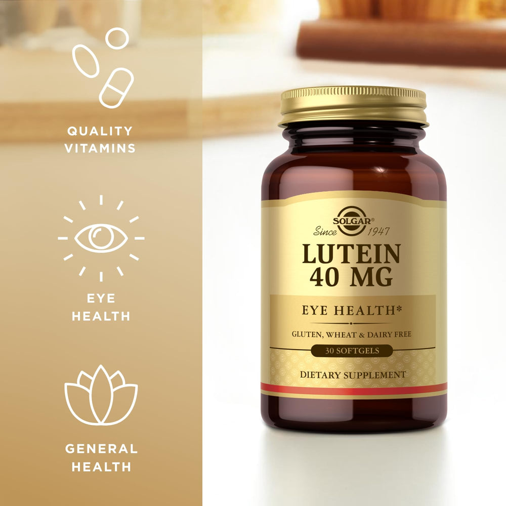 Solgar Lutein box front highlights gluten-free and dairy-free attributes.