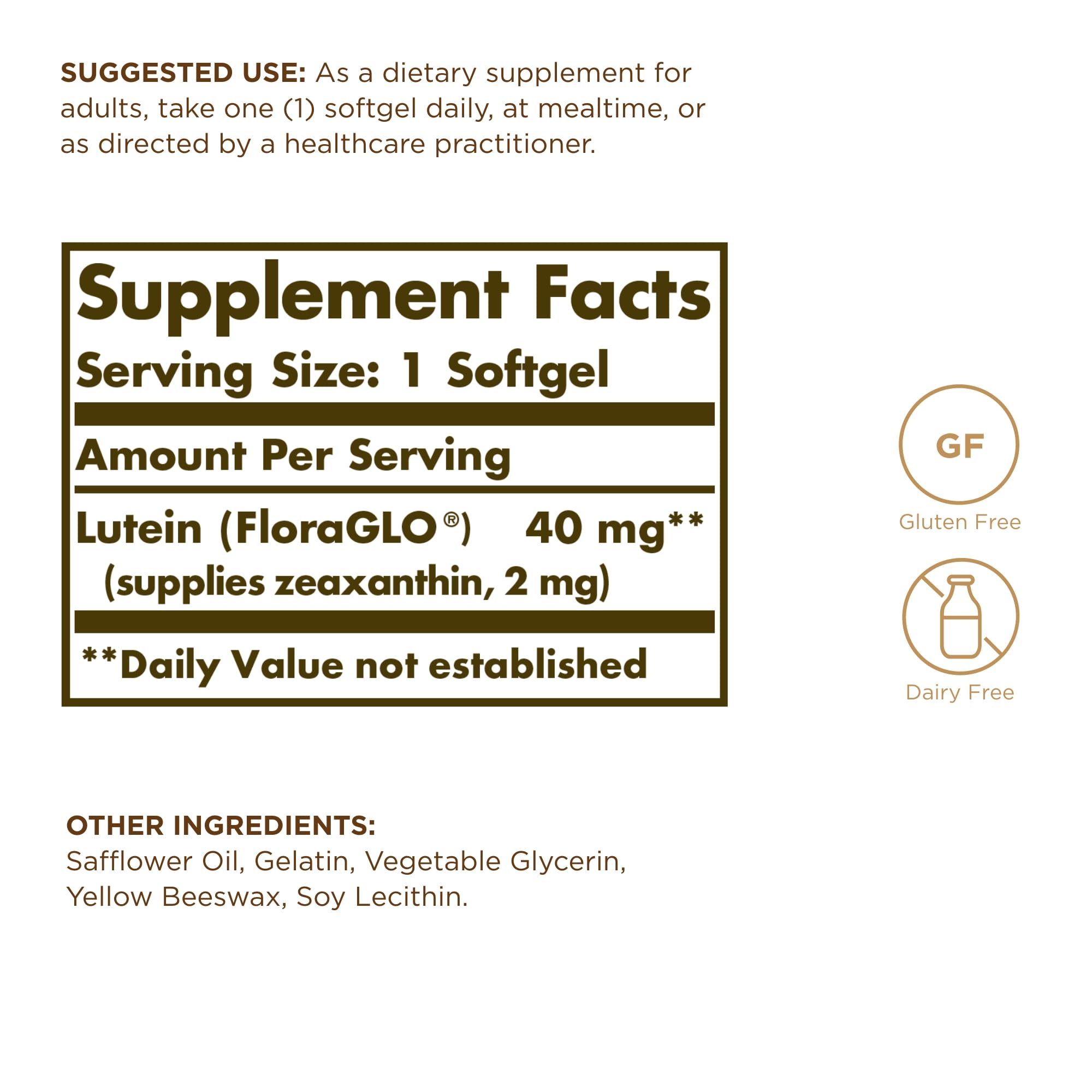 Solgar Lutein 40 mg pack front with FloraGLO label signaling eye health.