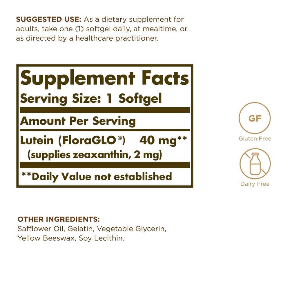 Solgar Lutein 40 mg pack front with FloraGLO label signaling eye health.