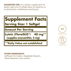 Solgar Lutein 40 mg pack front with FloraGLO label signaling eye health.