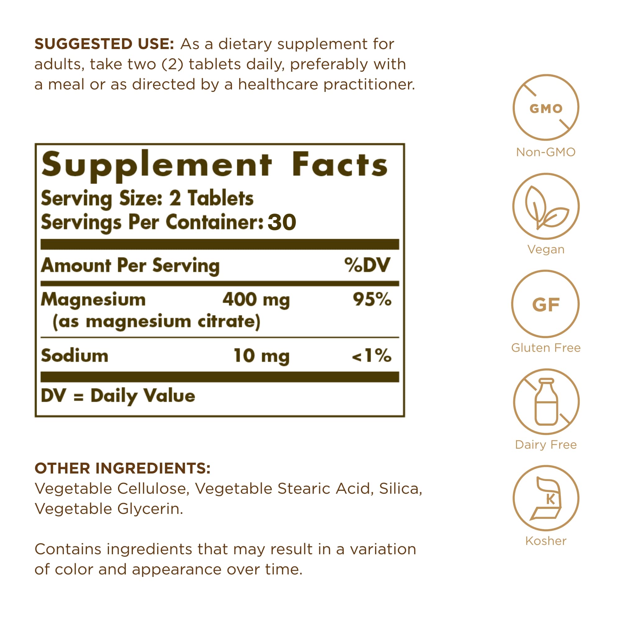 Solgar Magnesium Citrate label closeup highlighting vegan, non-GMO formulation
