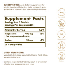 Solgar Magnesium Citrate label closeup highlighting vegan, non-GMO formulation