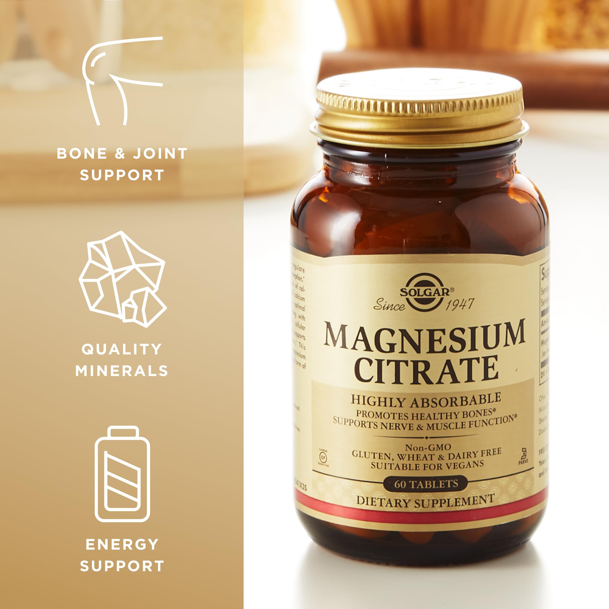 Solgar Magnesium Citrate bottle side view showcasing compact daily-use packaging.
