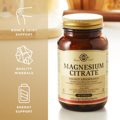 Solgar Magnesium Citrate bottle side view showcasing compact daily-use packaging.