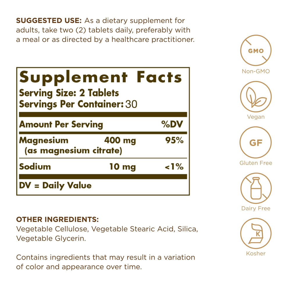 Solgar Magnesium Citrate tablets closeup showing an easy-to-swallow form.