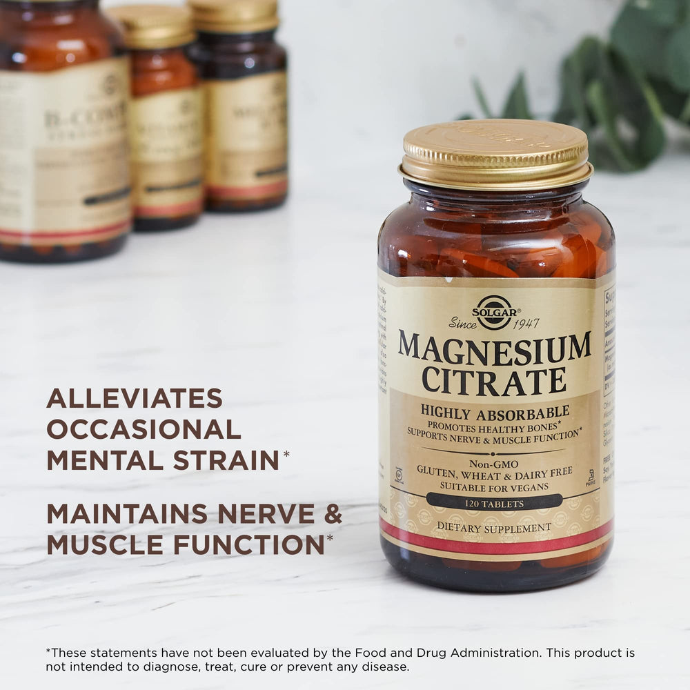 Solgar Magnesium Citrate vial close-up with capsules.