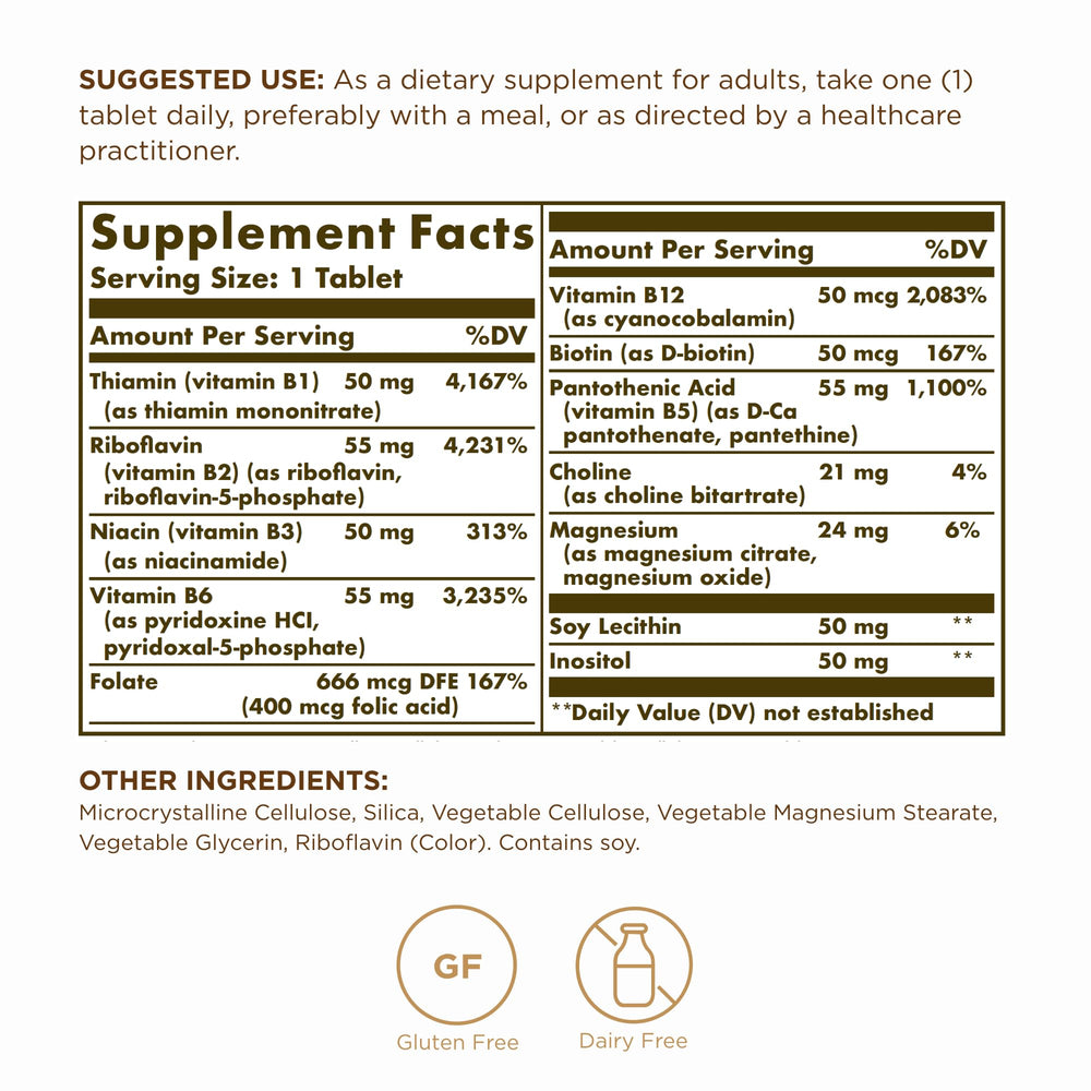 Solgar Megasorb B-Complex 50 ingredients list showing coenzyme B vitamins for body-ready support.