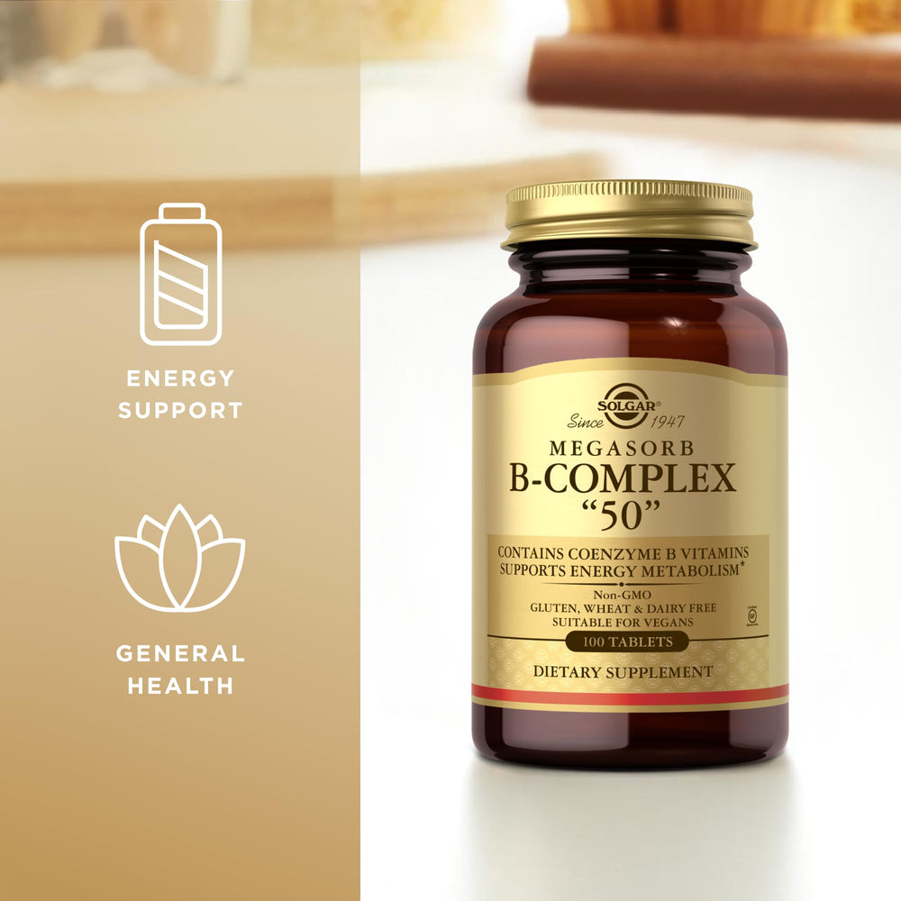 Solgar Megasorb B-Complex 50 tablets close-up, small and easy-to-swallow for daily use.