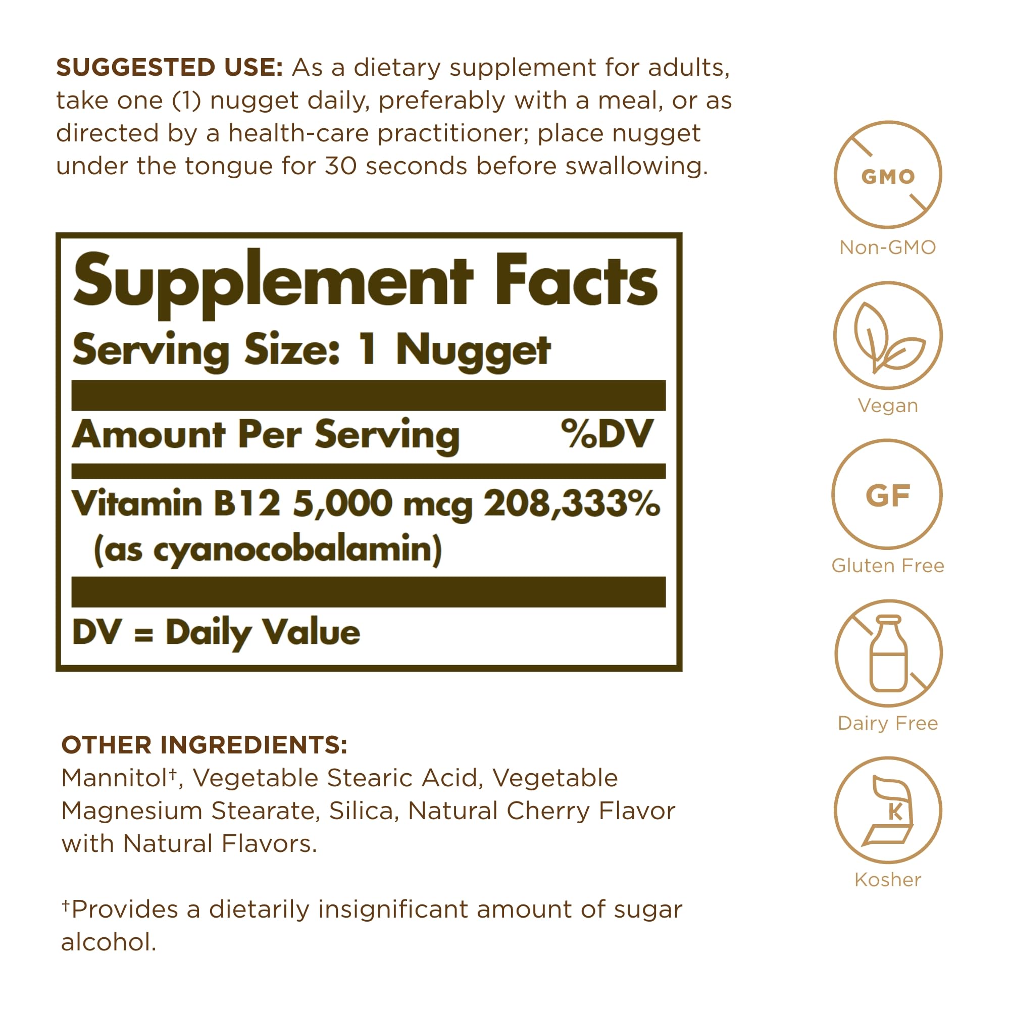 Solgar Megasorb B12 5000 mcg nuggets close-up, portable daily dose