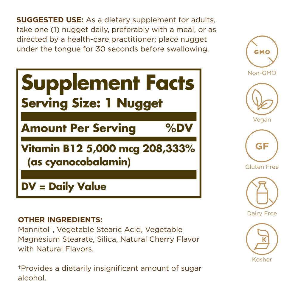 Solgar Megasorb B12 5000 mcg nuggets close-up, portable daily dose