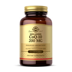 Solgar Megasorb CoQ-10 bottle front view highlighting enhanced absorption formula.