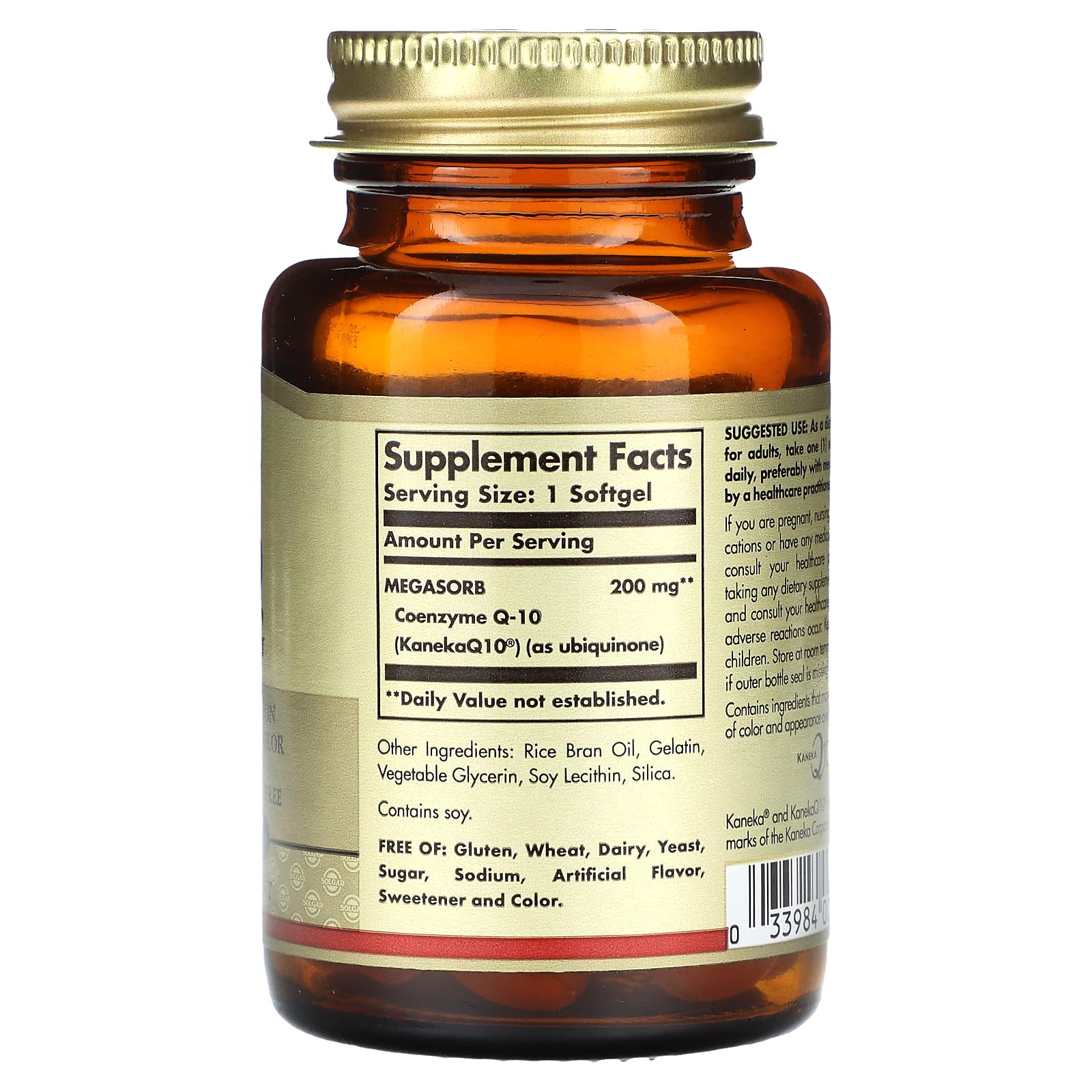 Solgar Megasorb CoQ-10 label close-up indicating gluten and dairy free formula.