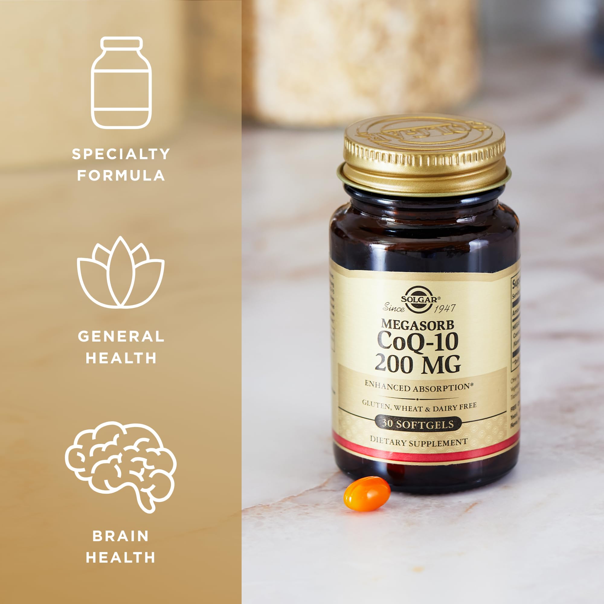 Solgar Megasorb CoQ-10 bottle label highlights gluten dairy free.