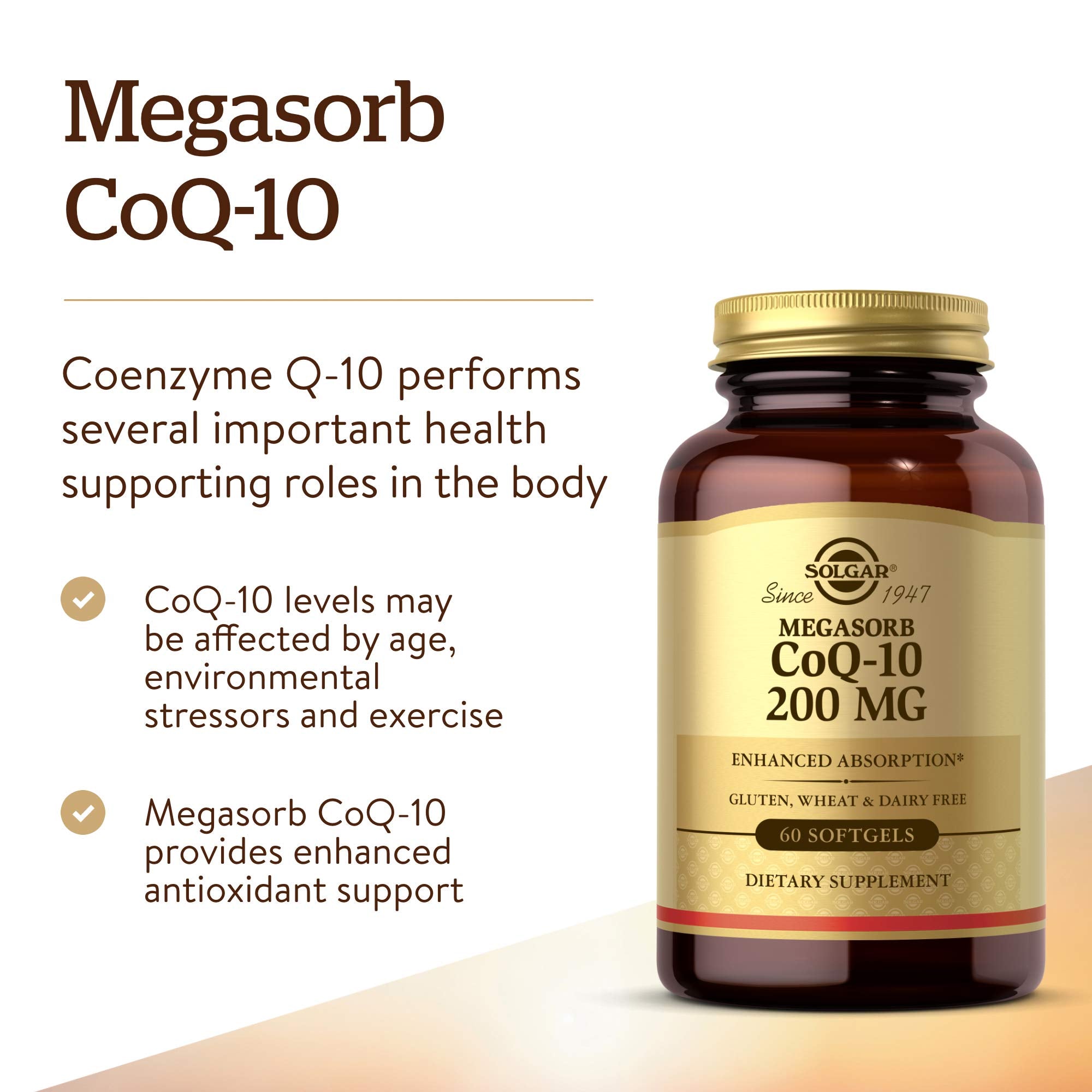 Solgar Megasorb CoQ-10 softgels close-up showing fat-soluble antioxidant support.