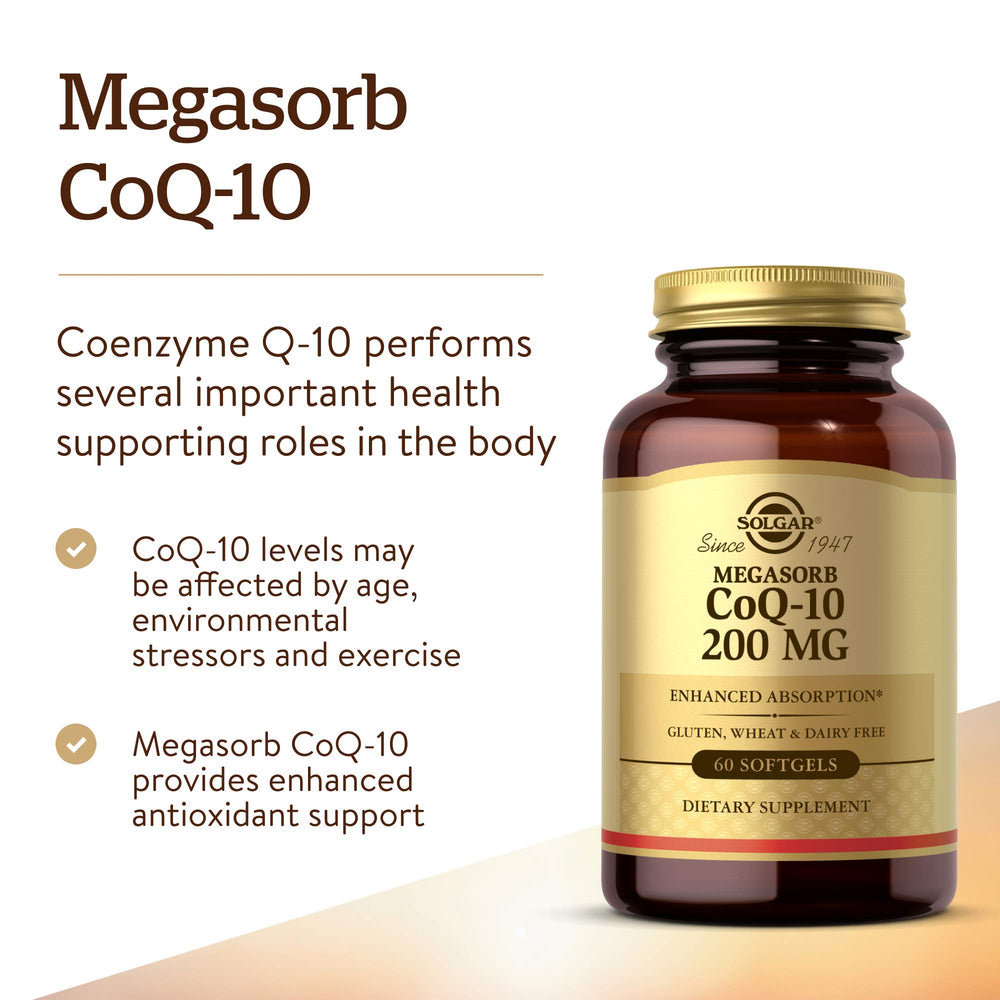 Solgar Megasorb CoQ-10 softgels close-up showing fat-soluble antioxidant support.