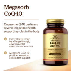 Solgar Megasorb CoQ-10 softgels close-up showing fat-soluble antioxidant support.