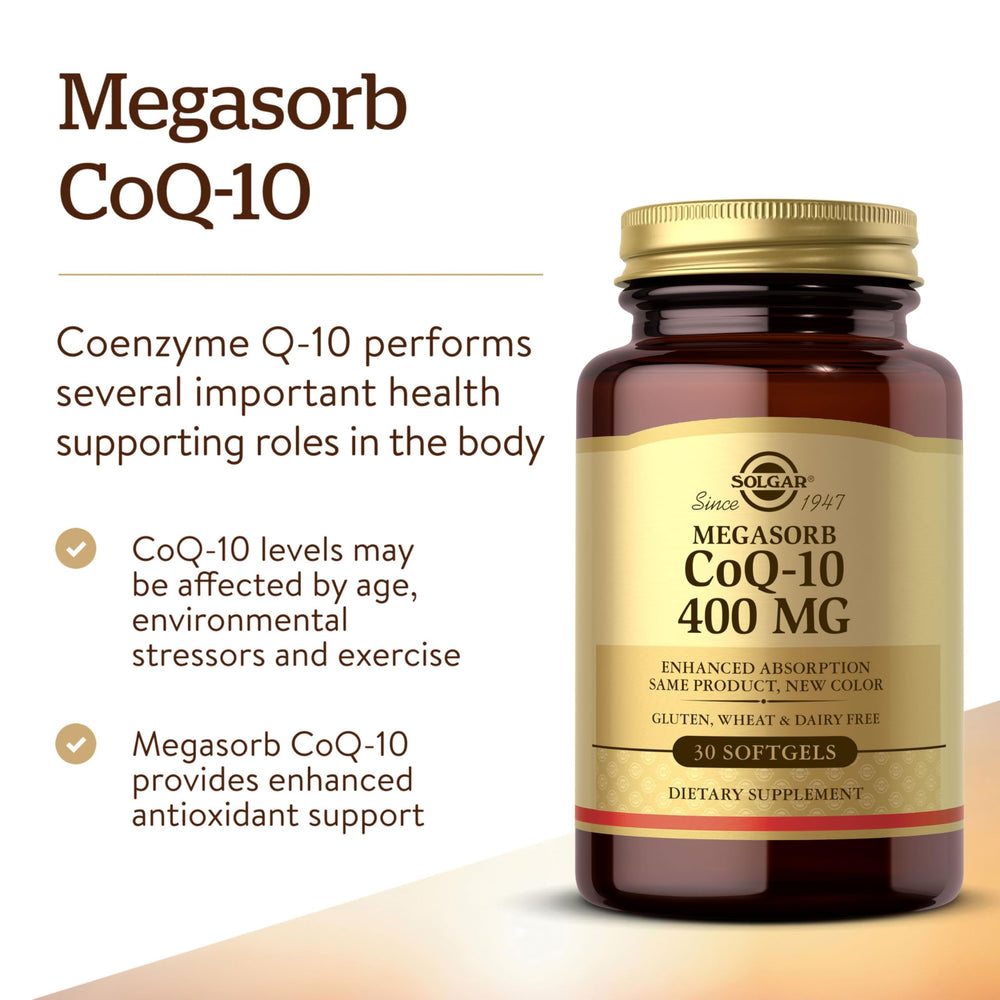 Solgar Megasorb CoQ-10 bottle label emphasizes gluten free and dairy free features.