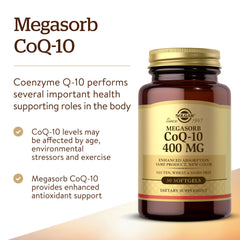 Solgar Megasorb CoQ-10 bottle label emphasizes gluten free and dairy free features.