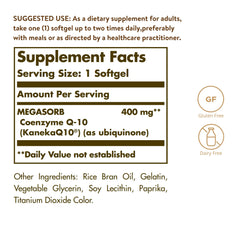 Close-up of Solgar Megasorb CoQ-10 softgels showing the oil-based capsule for uptake.