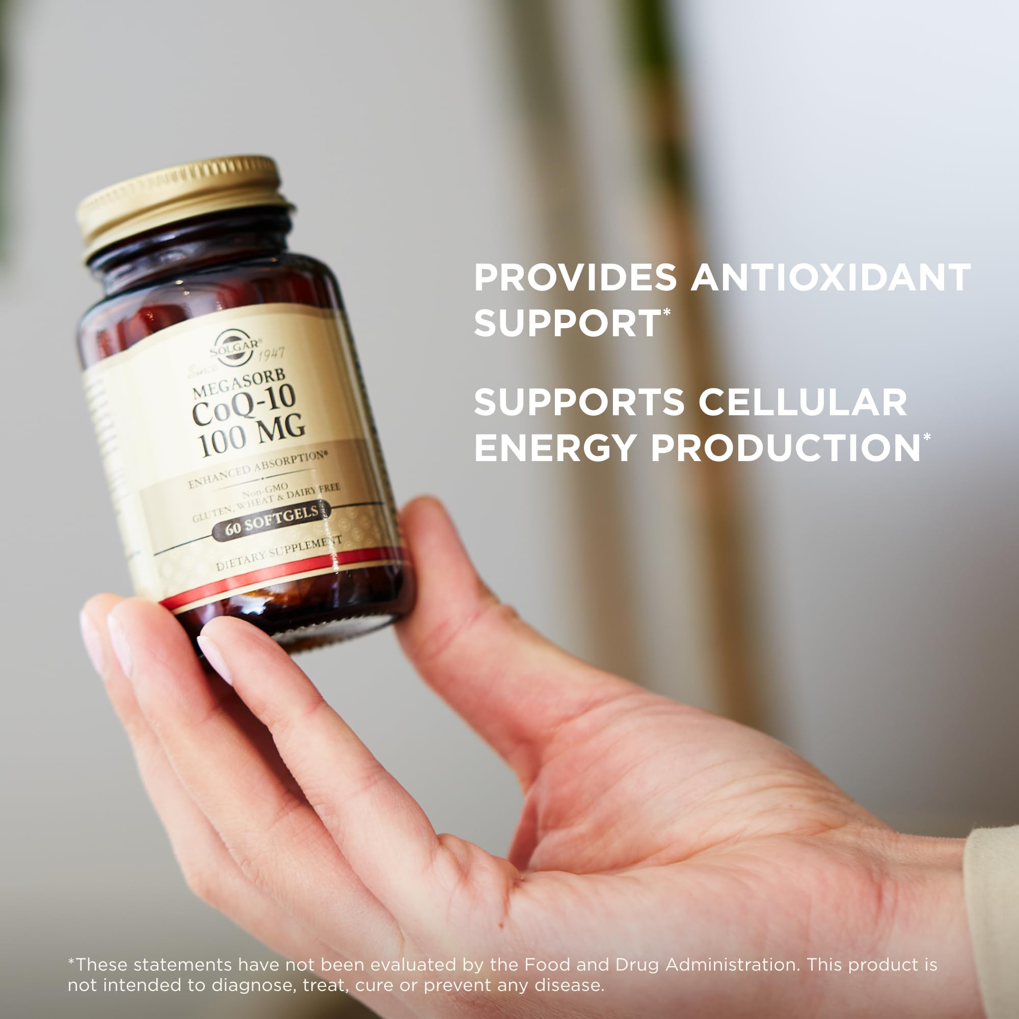 Gluten-free Solgar CoQ-10 softgels packaging label.