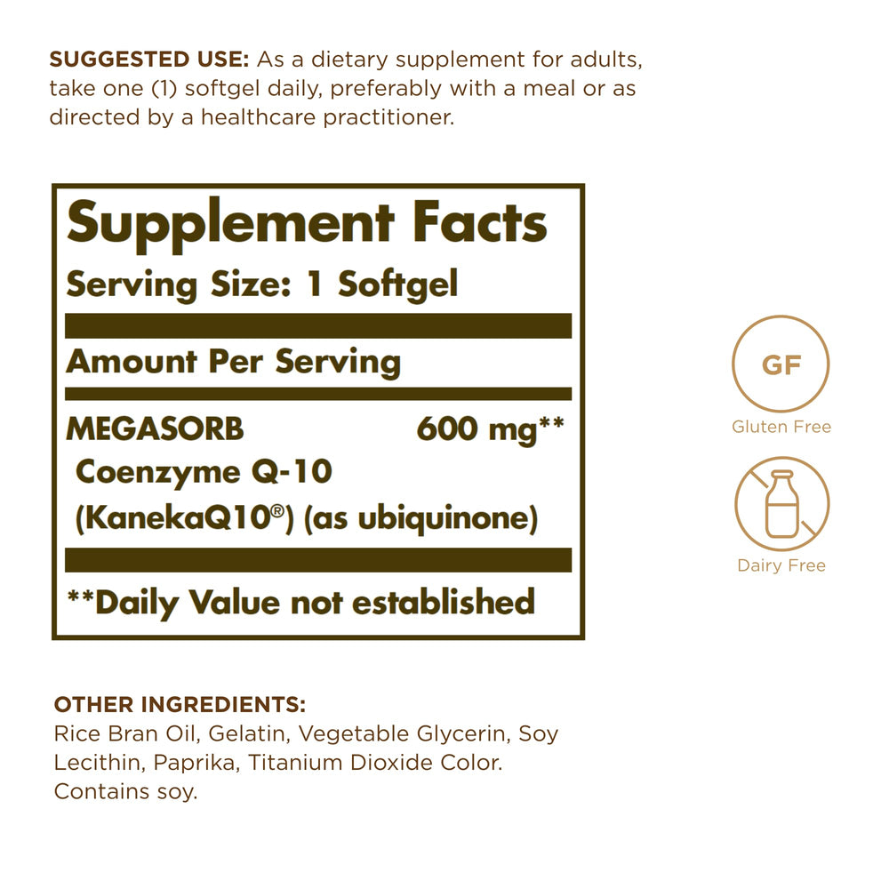 Solgar Megasorb CoQ-10 oil-based softgel demonstrates optimized absorption for steady energy