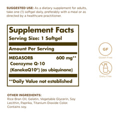 Solgar Megasorb CoQ-10 oil-based softgel demonstrates optimized absorption for steady energy