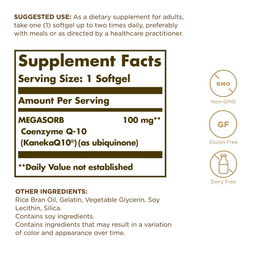 Close-up of Solgar Megasorb CoQ-10 softgels in oil-based capsule.