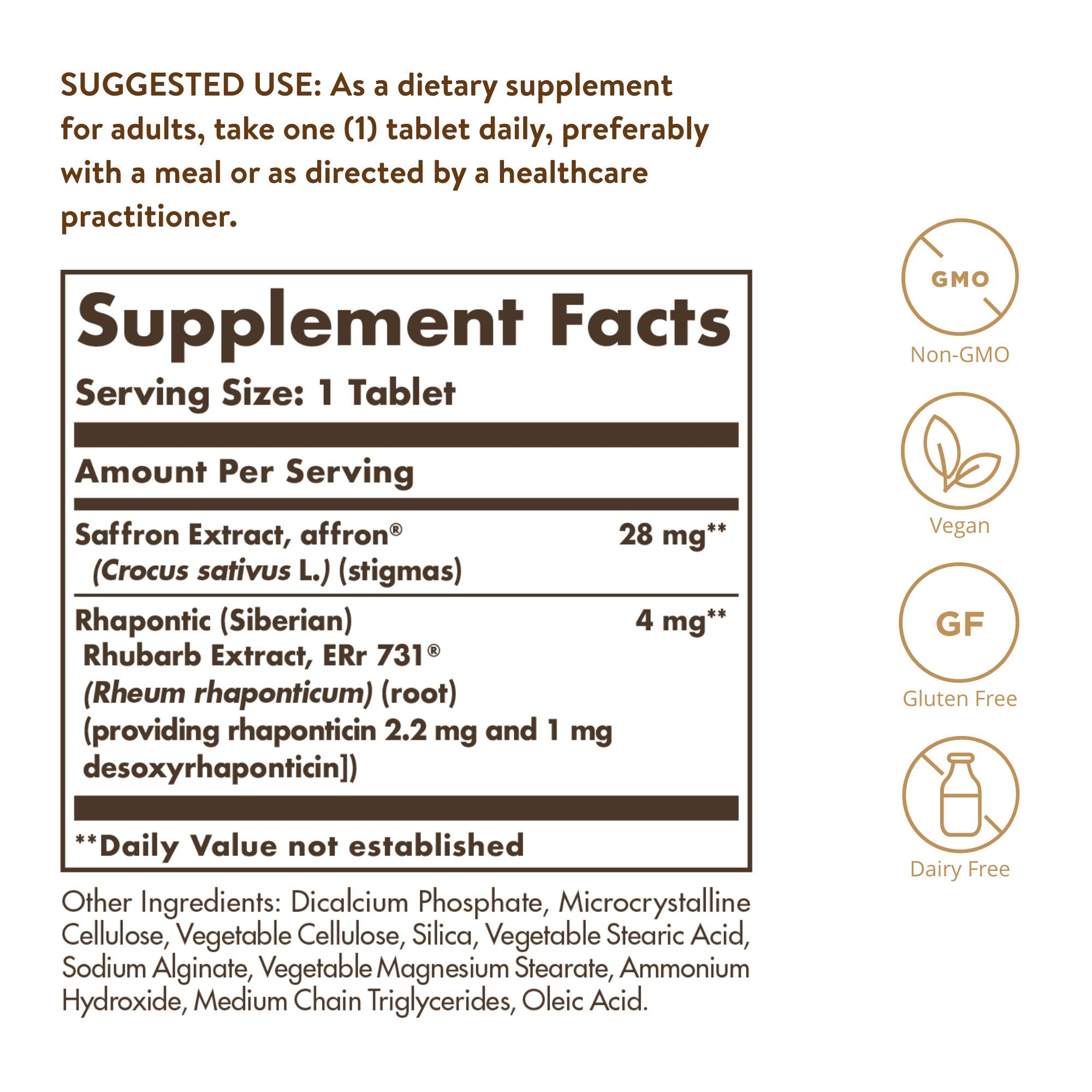 Solgar Menopause Relief label close-up showing dosage and key details.
