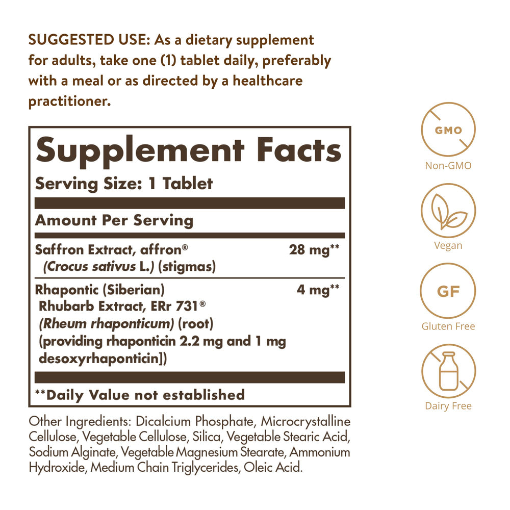 Solgar Menopause Relief label close-up showing dosage and key details.
