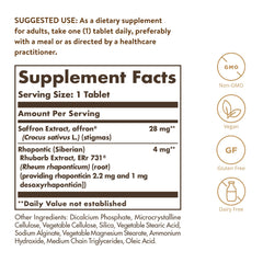 Solgar Menopause Relief label close-up showing dosage and key details.