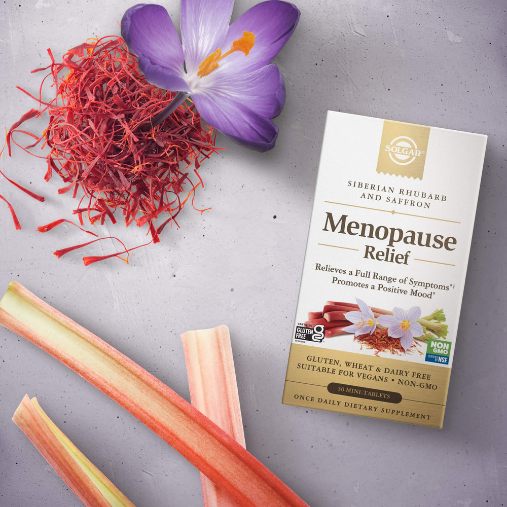 Solgar Menopause Relief packaging box displayed on a clean surface.