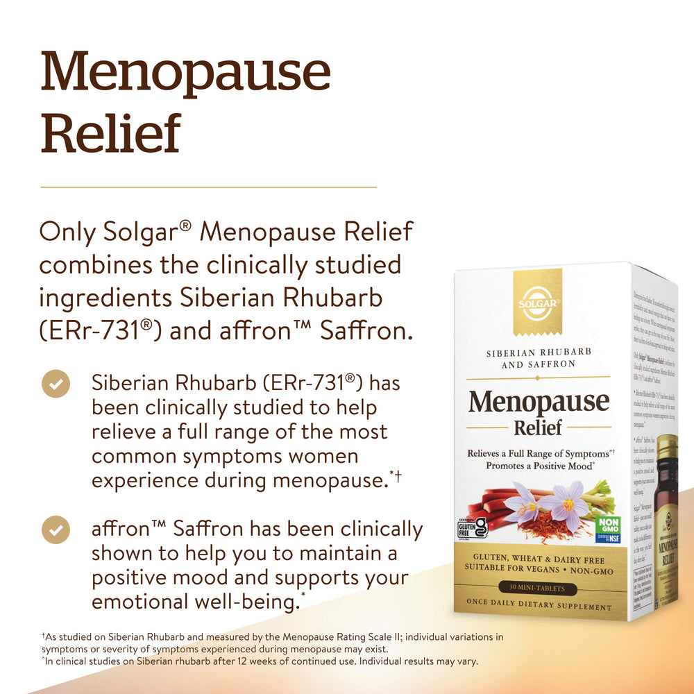 Solgar Menopause Relief tablets inside bottle ready for daily use.