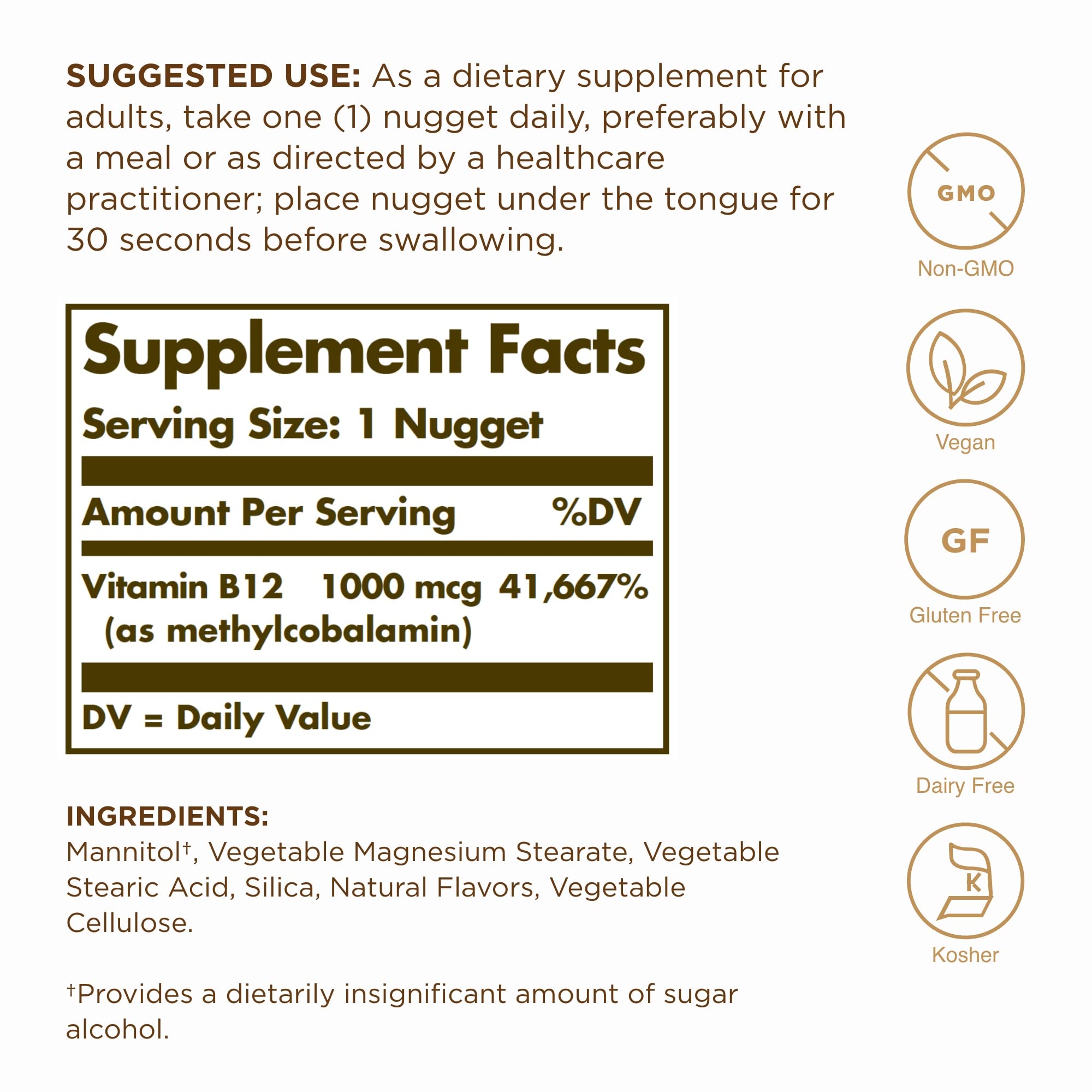 Closeup of Solgar methylcobalamin 1000mcg nuggets bottle highlighting sublingual format.