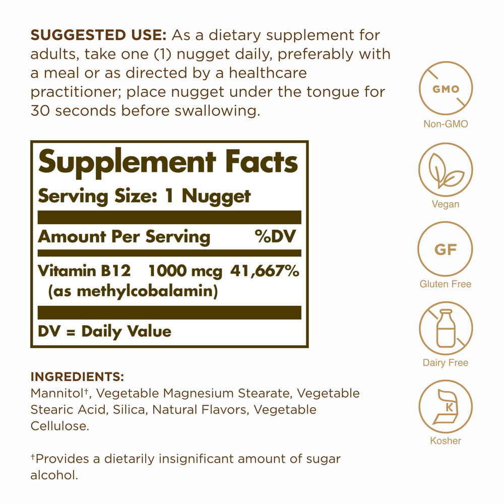 Closeup of Solgar methylcobalamin 1000mcg nuggets bottle highlighting sublingual format.