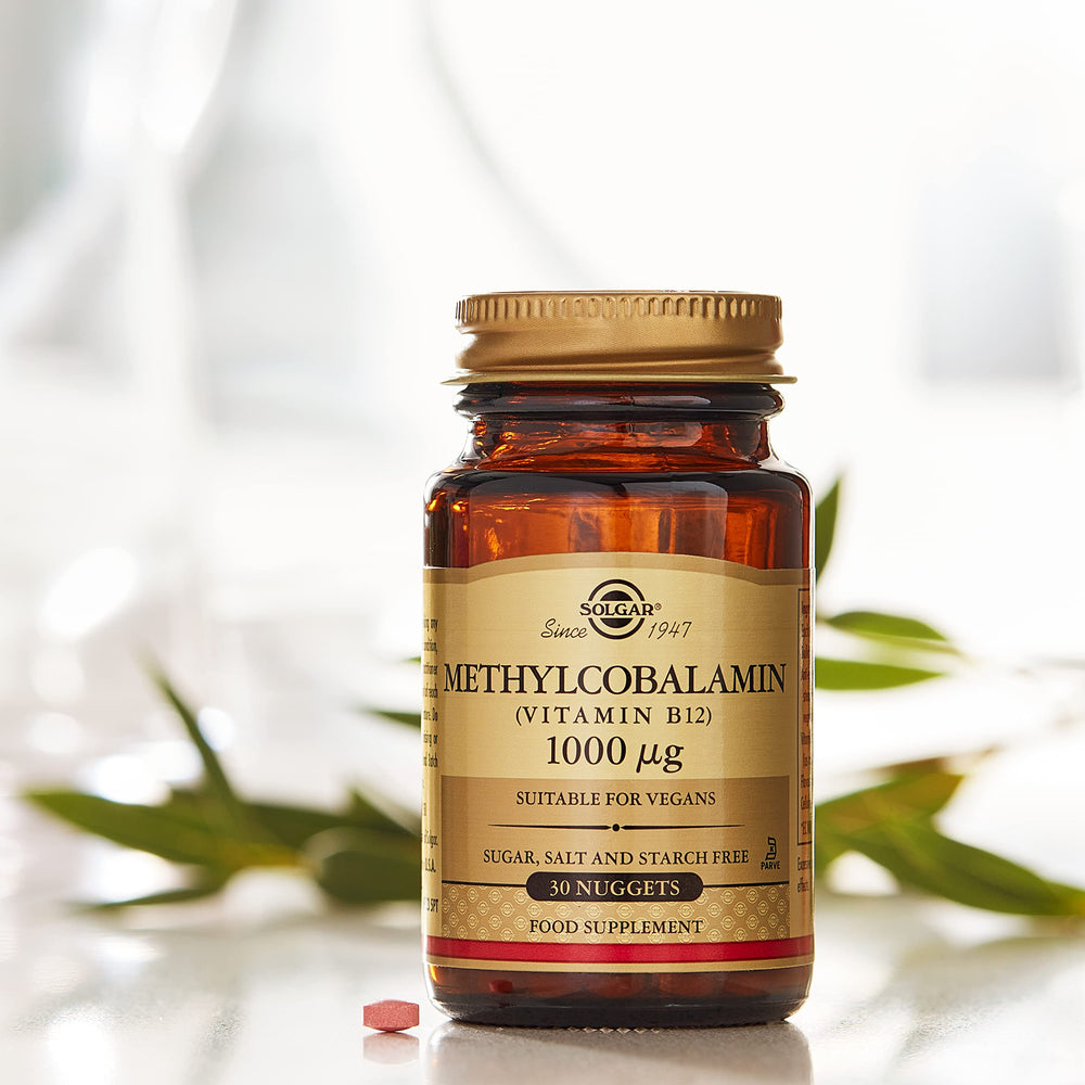 Solgar Methylcobalamin 1000 mcg Nuggets label front highlights high-potency vitamin B12.