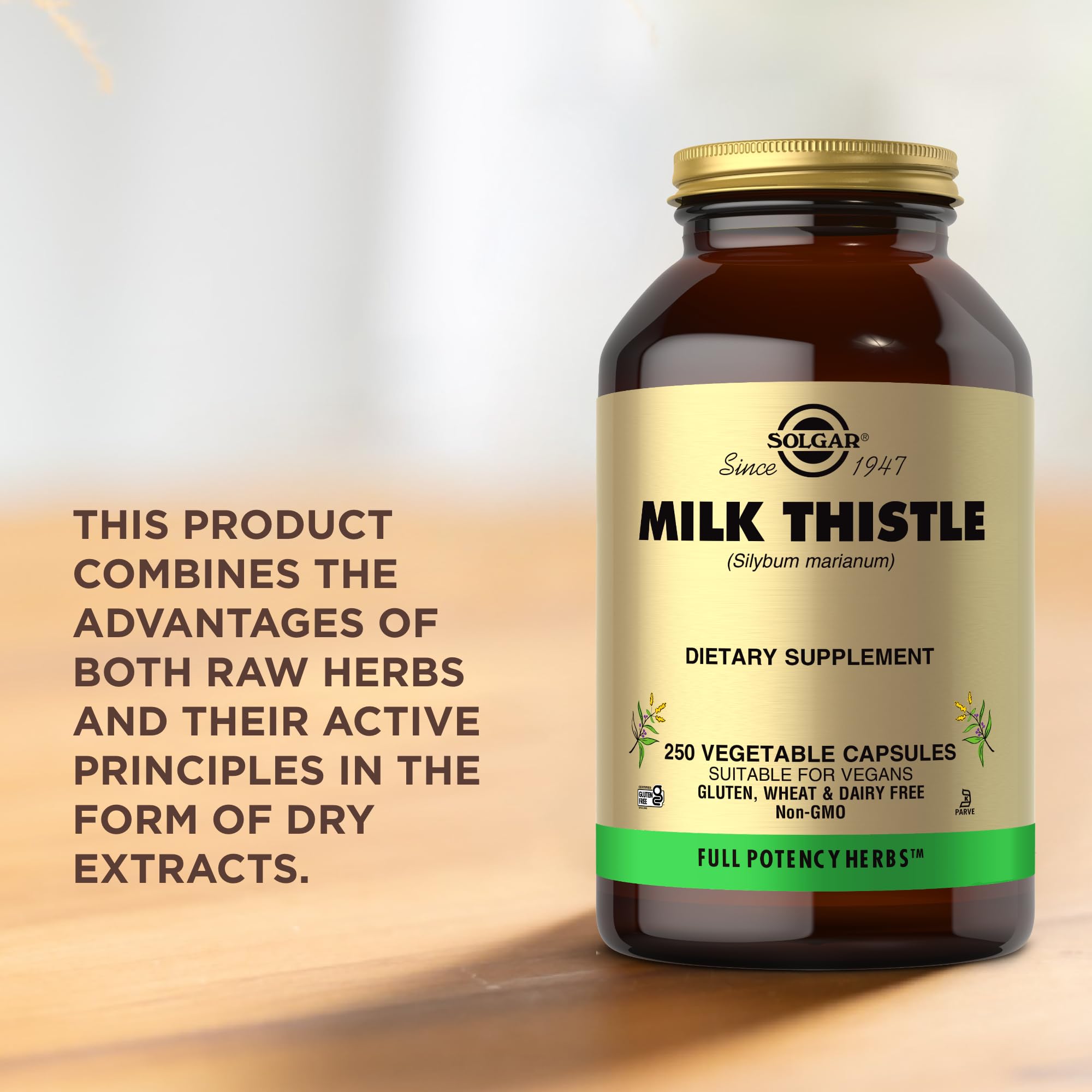 Solgar milk thistle bottle on kitchen counter for daily routine