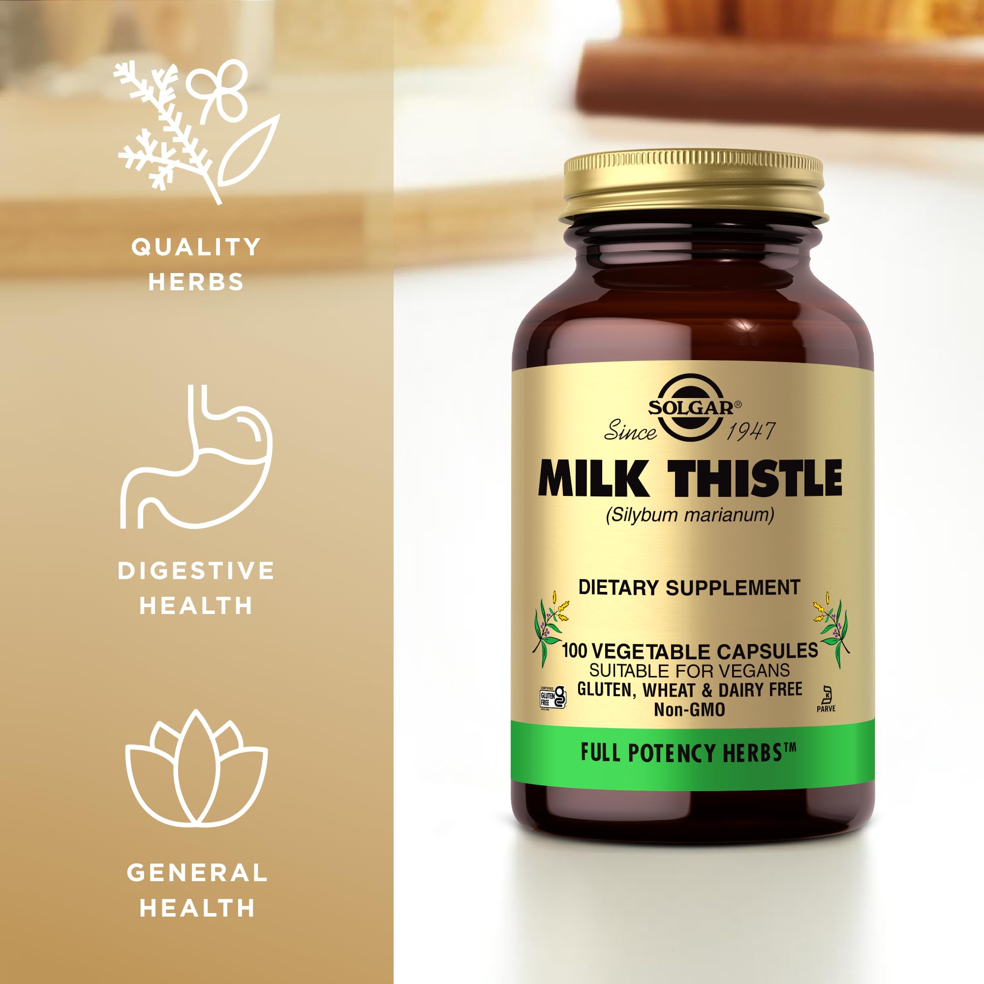 Solgar Milk Thistle bottle packaging side displays kosher status and full potency.