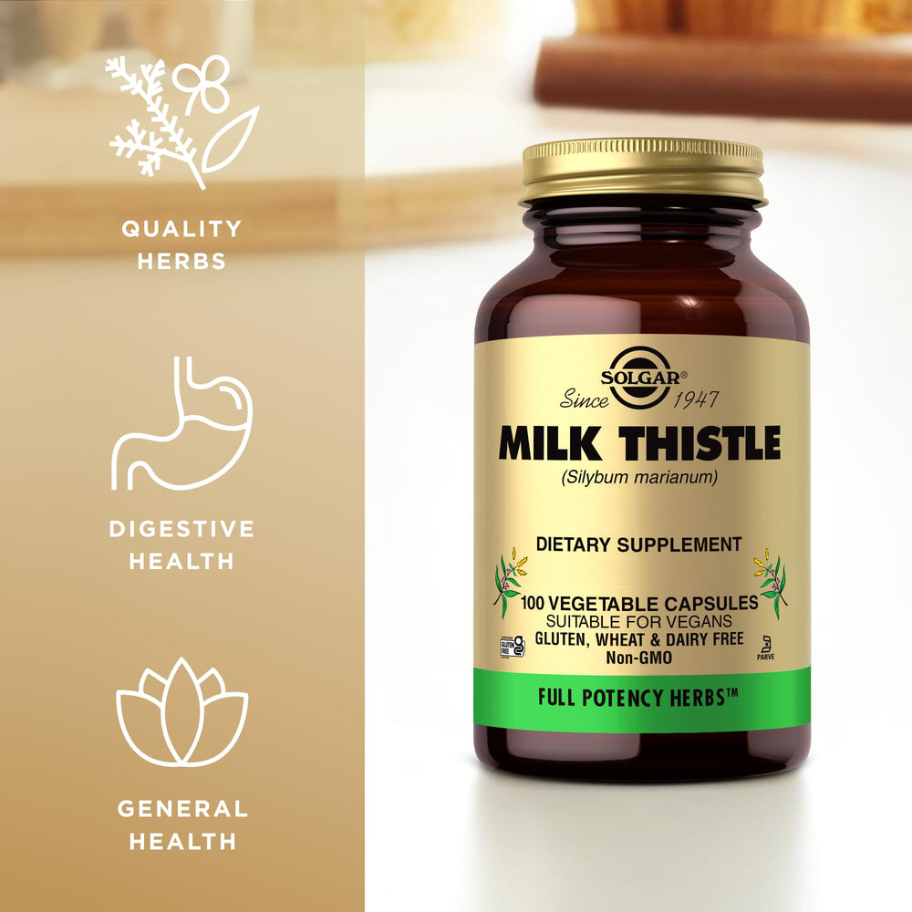 Solgar Milk Thistle bottle packaging side displays kosher status and full potency.