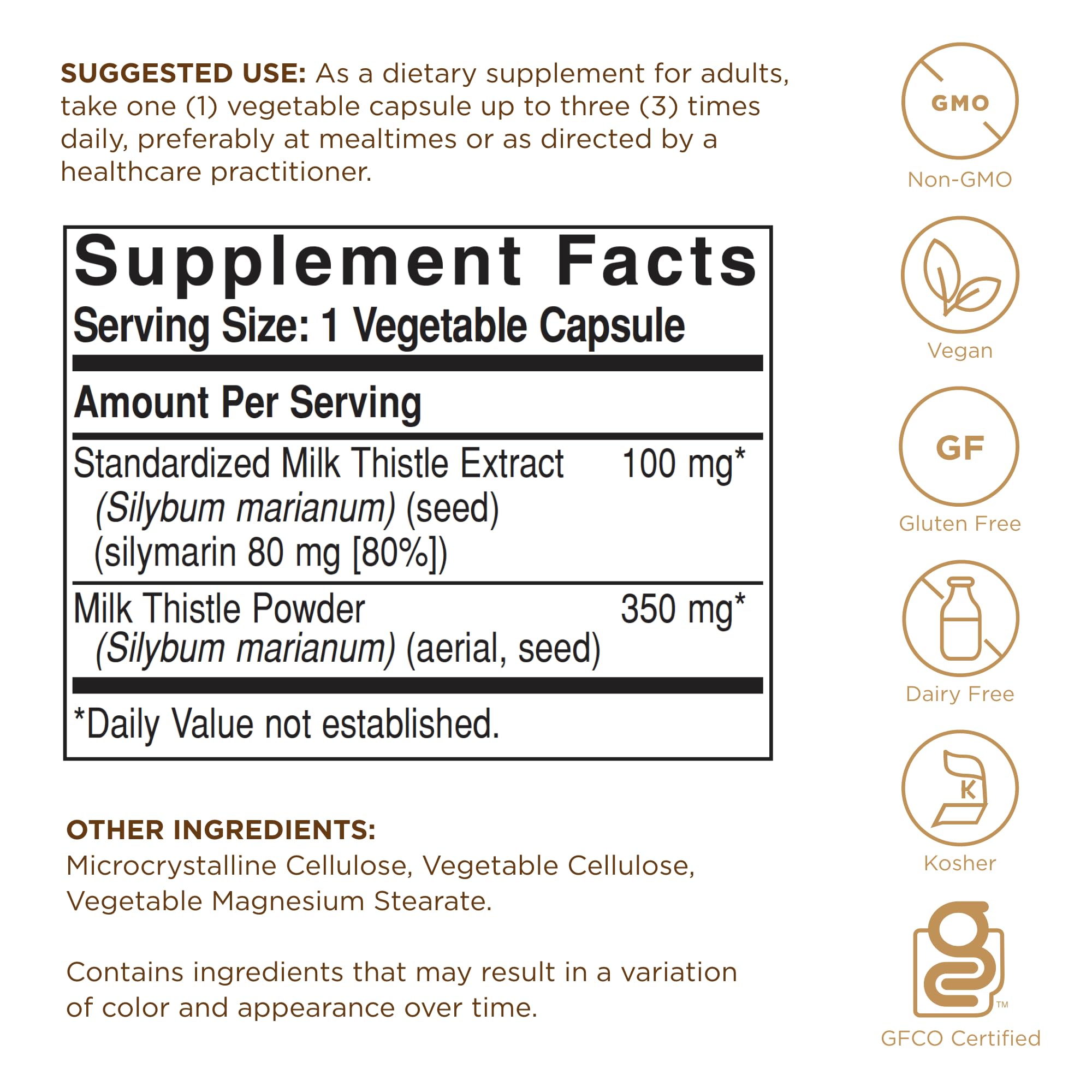 Solgar Milk Thistle capsules closeup highlights vegan, non-GMO capsules for everyday use.