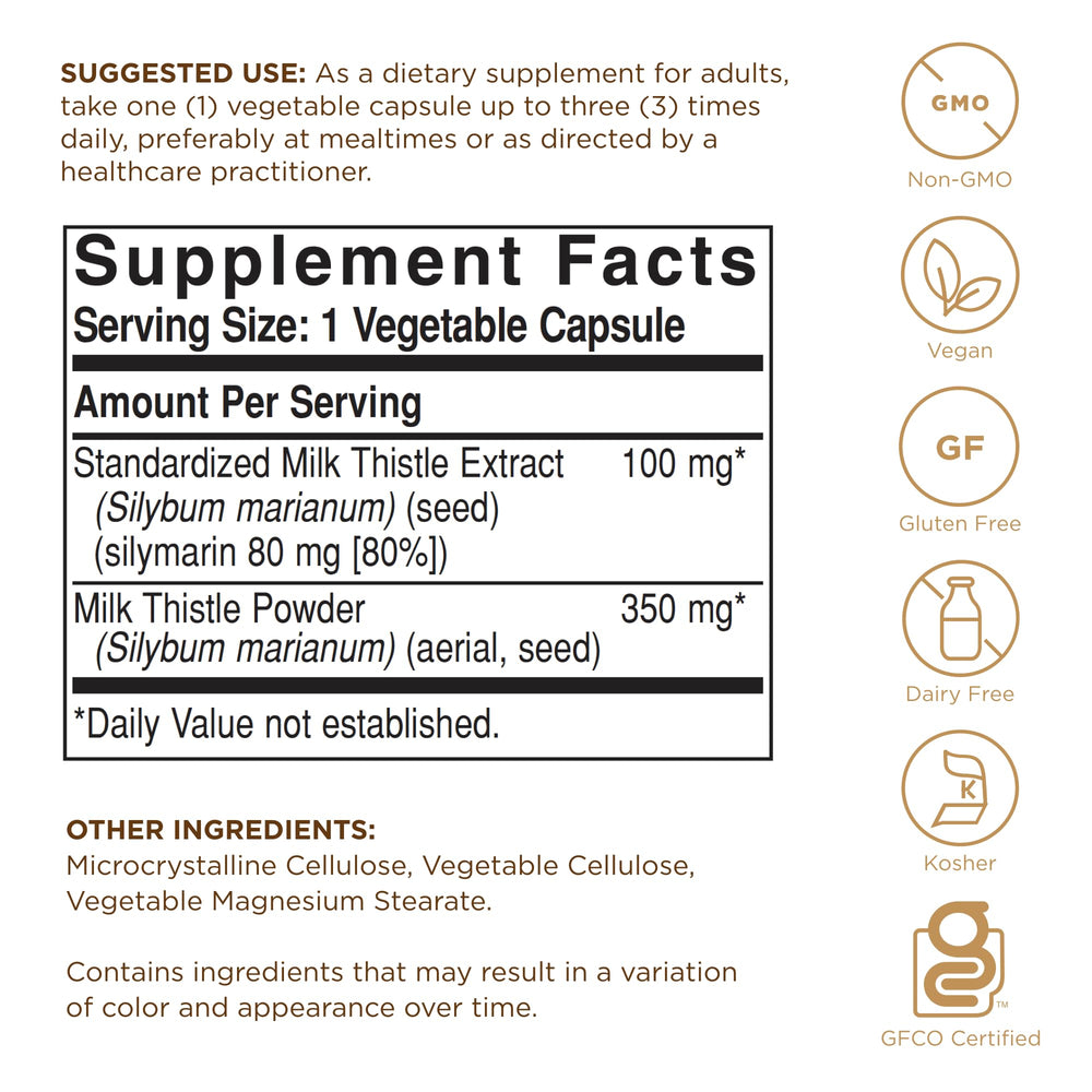 Solgar Milk Thistle capsules closeup highlights vegan, non-GMO capsules for everyday use.